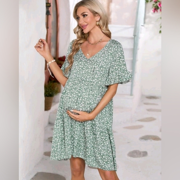 NWT! Fashion Womens Small green white ruffle sleeve maternity dress - Picture 1 of 9